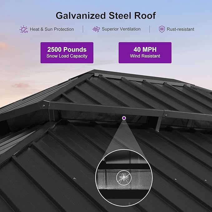 PURPLE LEAF 14' X 16' Outdoor Hardtop Gazebo for Patio Galvanized Steel Double Roof Permanent Canopy Teak Finish Coated Aluminum Frame Pavilion Gazebo with Netting