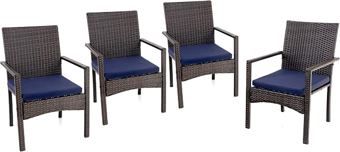 PHI VILLA Wicker Patio Dining Chairs Set of 4 with Removable Cushions | 4 Rattan dining chairs with thick removable seat cushions. Sturdy steel frame, easy assembly.