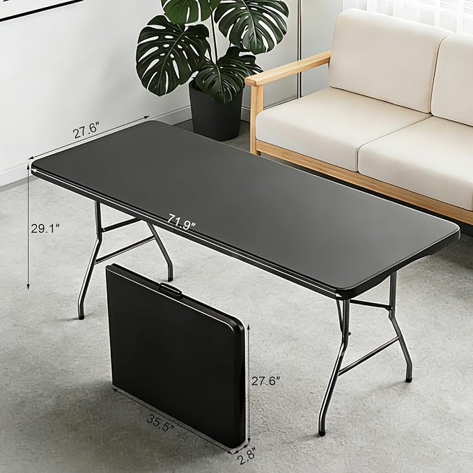 6FT Folding Tables – Heavy Duty Portable Foldable PicnicTable with Built-in Handle, 450 lb Capacity – Ideal for Events, Parties, Crafts, Camping & Dining (4-Pack, Black)