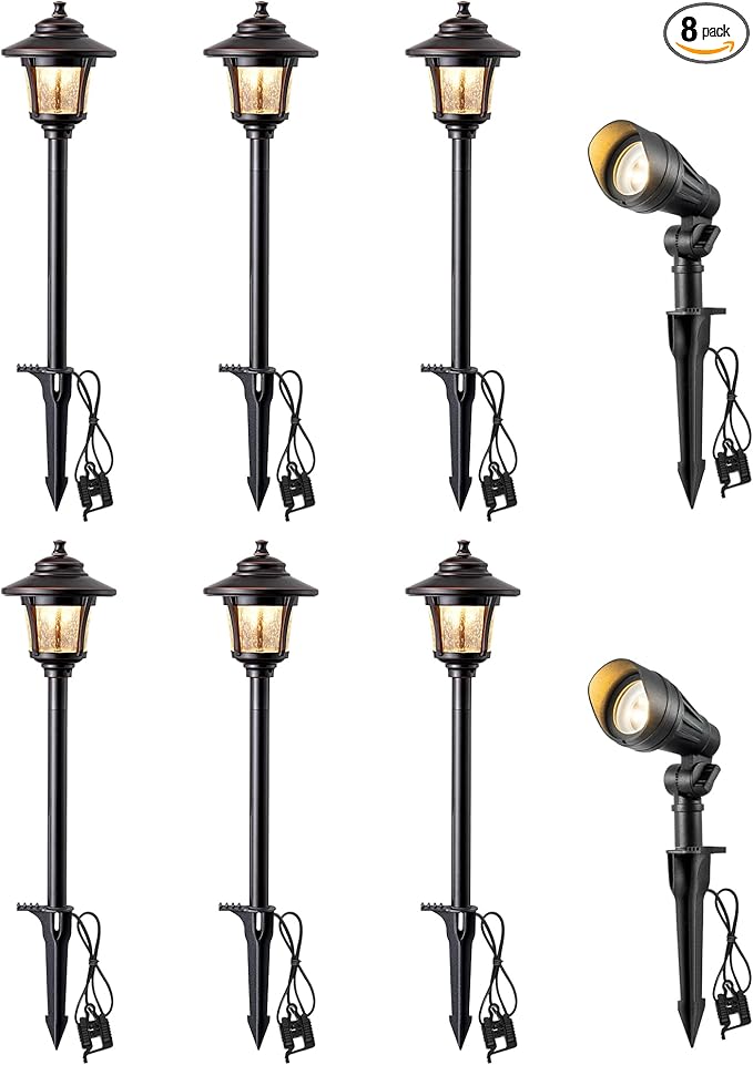 EDISHINE 8 Pack Low Voltage Landscape Lights Kit, 3W 120LM LED Pathway Lights & 3.2W 240LM Spotlights, 12V Outdoor Landscape Lighting with Connectors, Aluminum Landscape Light for Yard Path, Garden