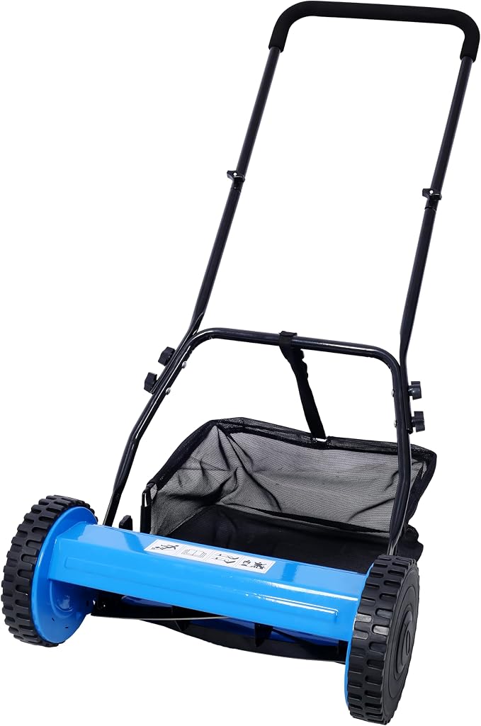 KEIKI 16-Inch Manual Lawn Mower, Push Reel Mowers w/Grass Catcher & Adjustable Cutting Height, 2-Wheels Small Lawnmower with 5 Steel Blades for Graden, Spaces Saving & Easy Assembly, Blue