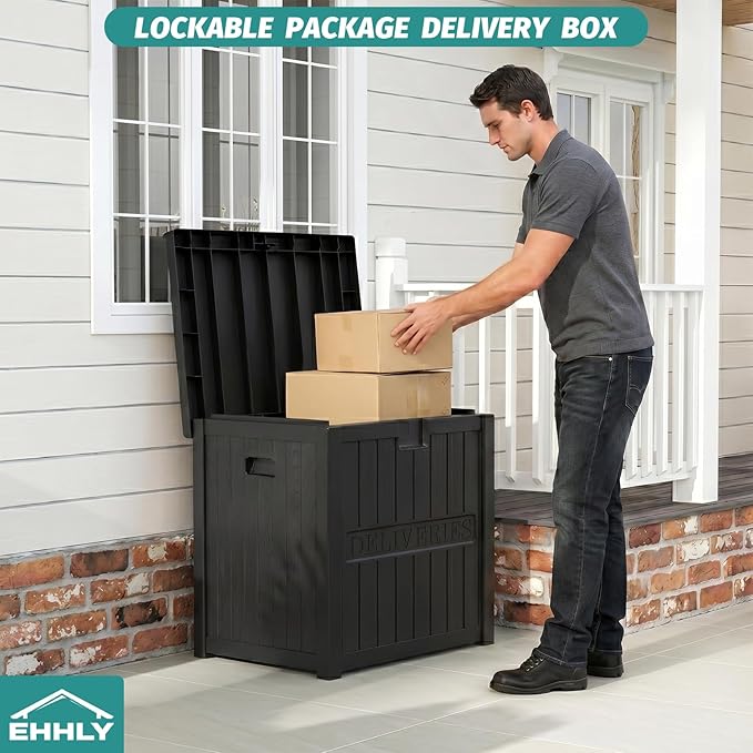 EHHLY 51 Gallon Package Delivery Box for Outside, Resin Lockable Secure Parcel Drop Box, Waterproof Deck Box for Front Porch, Curbside, Patio
