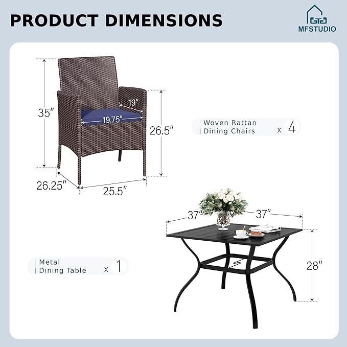 MFSTUDIO 5 Piece Outdoor Dining Sets, Patio Table and Chairs for 4, Outdoor 37’‘ Square Metal Table with Chairs, Wicker Patio Dining Furniture Set, Deck