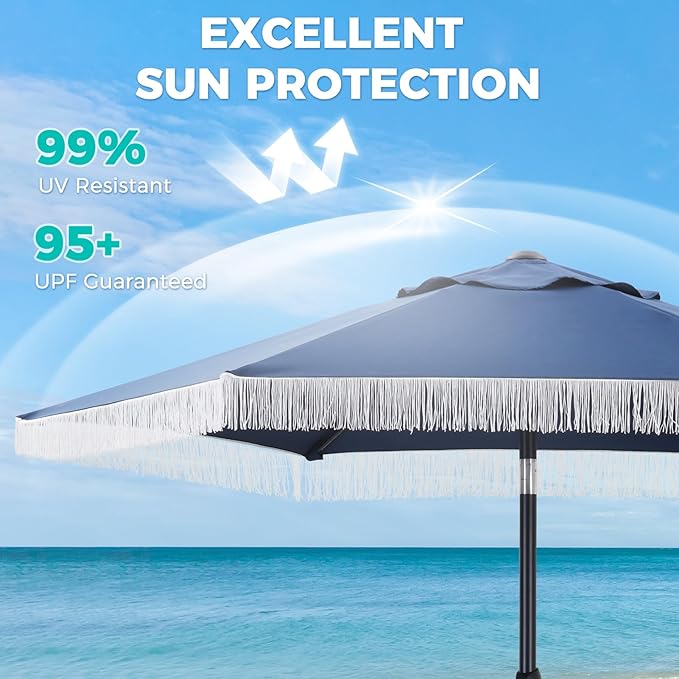 7.5ft Fringe Umbrella,Outdoor Market Umbrella with Push Button Tilt and Crack for Garden, Pool, Deck, Bistro,Navy Blue