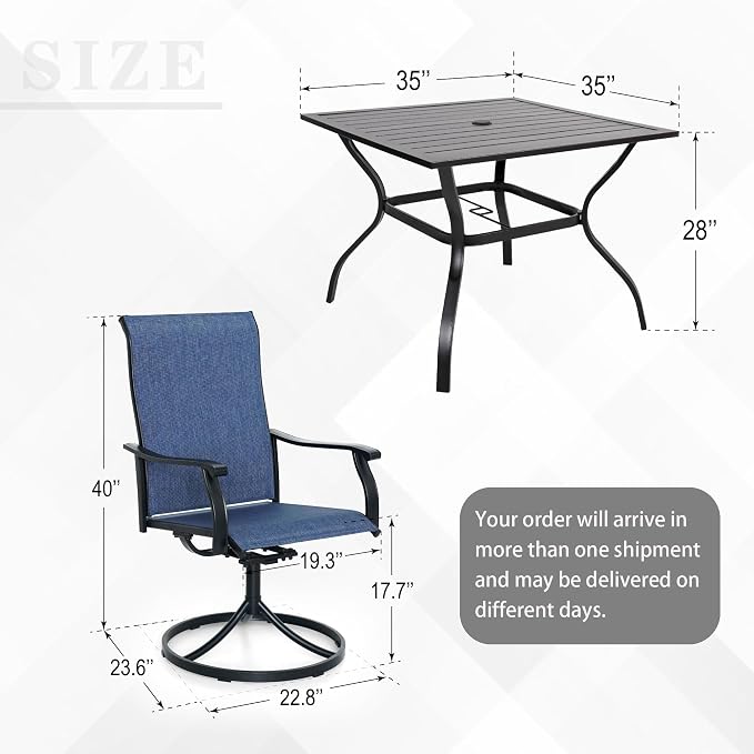 Anmutig 5 Piece Outdoor Patio Dining Set, 4 Swivel Rocking Patio Chairs & Square Dining Table Outdoor Furniture for Backyard Bistro Garden Poolside, Blue