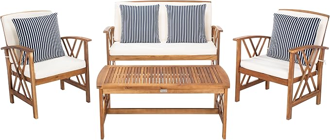 SAFAVIEH Outdoor Collection Fontana Natural/ Beige Cushions/ Thin Stripe Pillows 4-Piece Conversation Patio Set