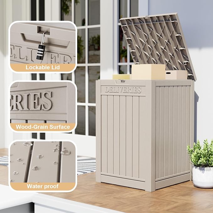 Vixzen Extra Large Package Delivery Box for Outside,Waterproof & Sturdy Parcel Drop Boxes,Resin,Easy to Assemble,Package Drop Box for Porch, House, Curbside,Light Brown