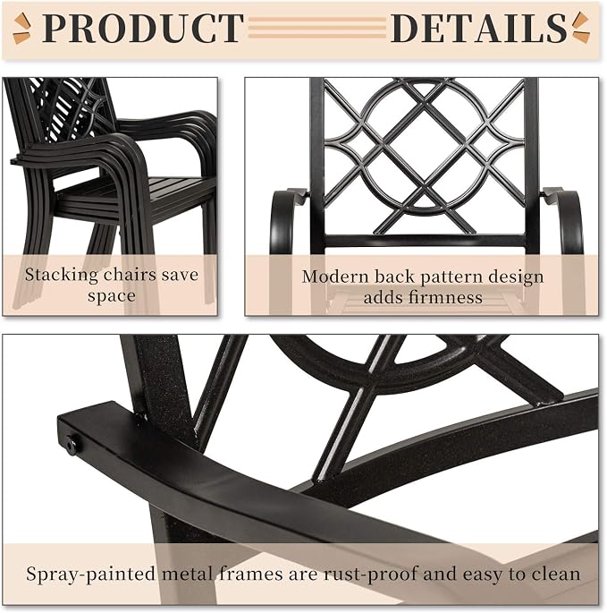 SOLAURA 6-Piece Outdoor Patio Dining Set, 4 Person Outside Table and Chairs Set, Metal Stacked Chairs of 4, Slat Table Top with 1.57" Umbrella Hole and 9 FT Patio Umbrella (Black)
