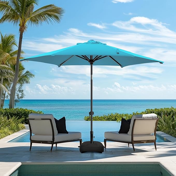 wikiwiki 7.5FT Patio Umbrella with Base, Outdoor Umbrellas with Base Included, 6 Sturdy Ribs, Waterproof Fade Resistant POLYESTER DTY Canopy for Deck, Lawn, Garden, Backyard & Pool, Sky Blue
