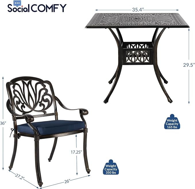 5-Piece Outdoor Patio Dining Set, All-Weather Cast Aluminum Patio Table Set, Include 4 Cushioned Chairs and a 35.4 inch Square Table w/Umbrella Hole for Balcony Garden Backyard, Navy Blue