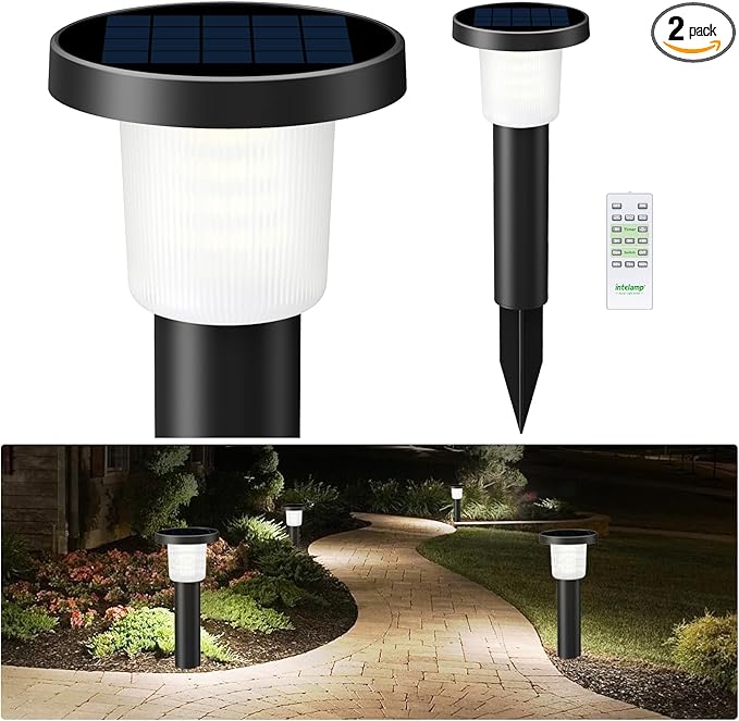 intelamp Solar Garden Lights Outdoor Waterproof, 2 Pack Bright LED Solar Powered Patio Decor Lighting Outside with Remote Control 3 Color Auto On/Off Yard Light for Lawn Pathway Porch Landscape Path