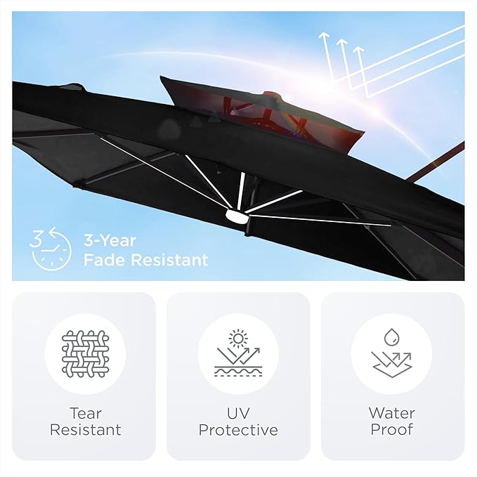 9' X 12' Patio Umbrella with Weighted Base and LED Lights Outdoor Cantilever Large Rectangle Offset Umbrellas Heavy Duty Aluminum Double Top with 360-degree Rotation for Pool Garden Deck, Black