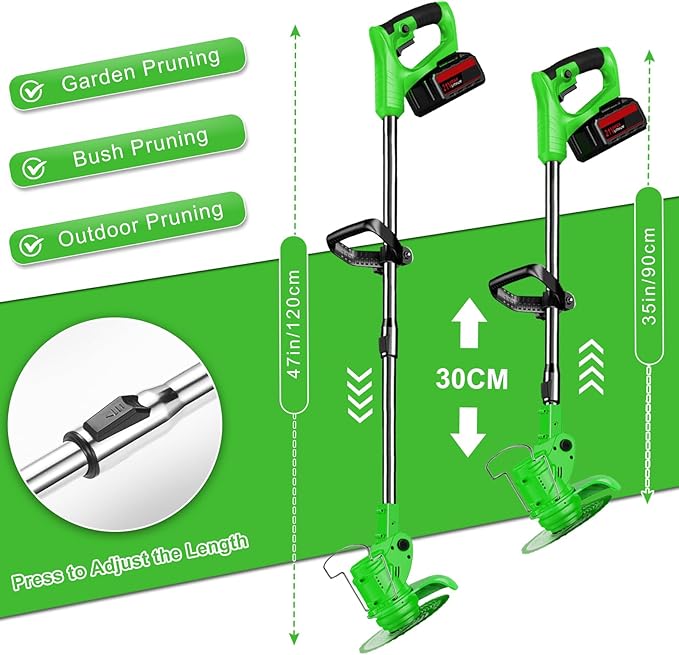 Electric Weed Wacker String Weed Eater Cordless Grass Trimmer 21V Battery Powered String Trimmer with 2x2.0ah Battery and Charger Brush Cutter/Edger/Mower with 3 Types Blade for Garden Lawn(Green)