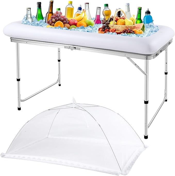 SiliFine Set of 3 Pool Party Supplies 4 Foot Folding Ice Table Cooler Table Outdoor Mesh Food Covers Food Tent Inflatable Serving Bars Food Trays for Party Buffet for BBQ Picnic Camping