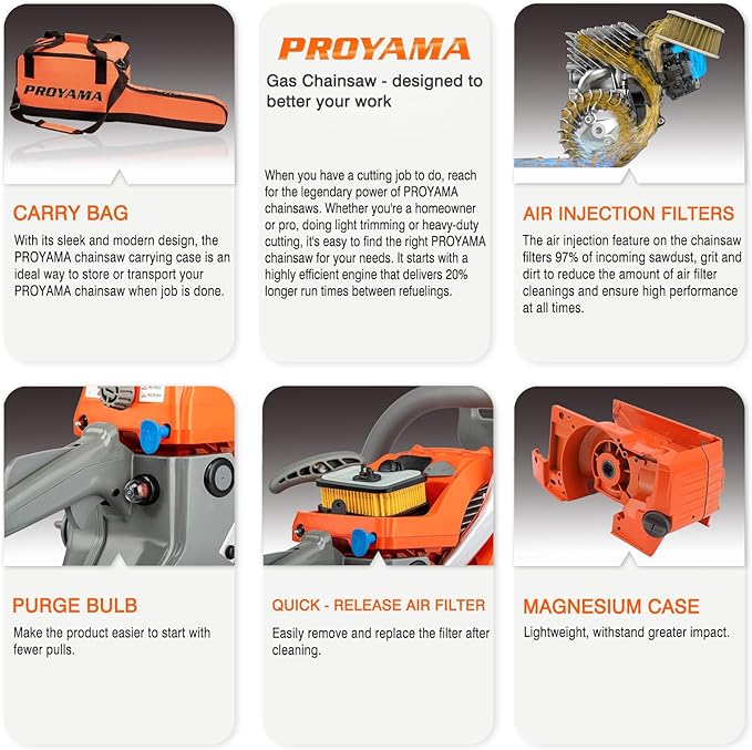 PROYAMA 58CC 2-Cycle Gas Powered Chainsaw, 16-Inch Top Handle Chain Saw, Gasoline Chainsaw 20-Inch for Tree Wood Cutting