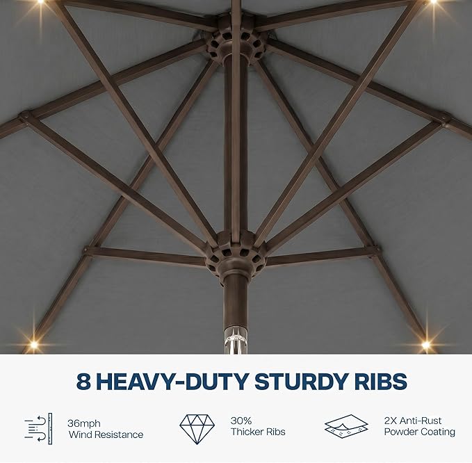 10FT Solar Patio Umbrella with Lights, Outdoor Table Market Umbrella with 32 LED Lights, 8 Sturdy Ribs, Push Button Tilt and Crank for Pool, Deck and Garden, UV-Resistant