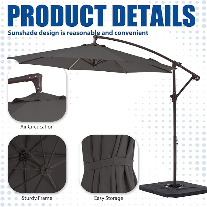 10FT Patio Umbrella, Outdoor Offset Cantilever Umbrella with Sturdy 8 Ribs, Easy Tilt Adjustment for Backyard Pool Garden,Grey