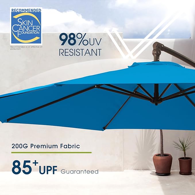 wikiwiki 10ft Patio Umbrellas Offset Outdoor Umbrella Cantilever Hanging Umbrellas w/Infinite Tilt, Fade Resistant Waterproof RECYCLED FABRIC Canopy & Cross Base, for Yard, Garden & Deck, Royal Blue