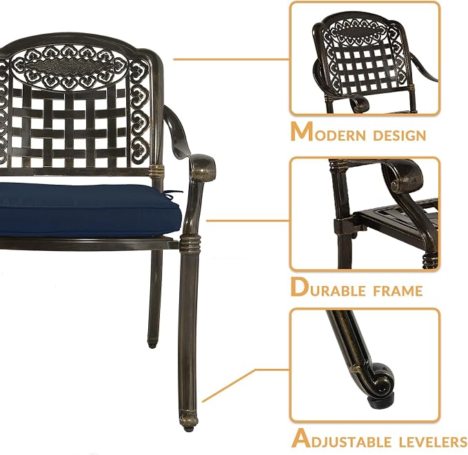 5-Piece Outdoor Patio Dining Set, All-Weather Cast Aluminum Patio Furniture Set for Backyard Garden Deck with 4 Chairs, 4 Cushions and 35.4" Round Table, 2" Umbrella Hole, Navy