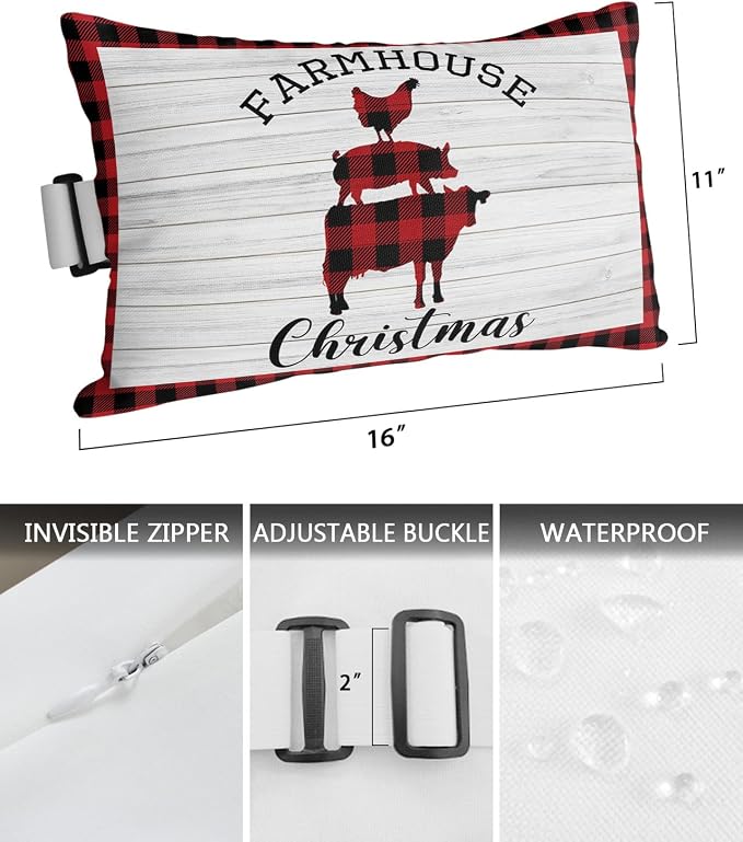 Outdoor Pillows Covers with Inserts Farmhouse Christmas Pig Cock Cow Buffalo Plaid Waterproof Pillow with Adjustable Strap Throw Pillows for Patio Furniture Recliner Lounge Chair, 11x16 inch, 1PCS