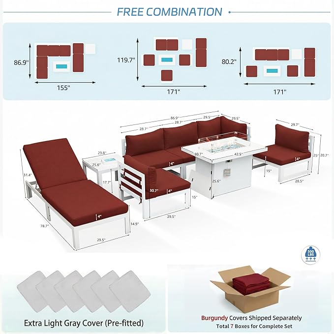 NICESOUL 6 Person Modern Aluminum Outdoor Patio Furniture Set with Chaise & Firepit Table, 29" Wide Deep Seating, All Weather Modular Sectional Couch, Oversized Conversation Set for Poolside Deck, Red