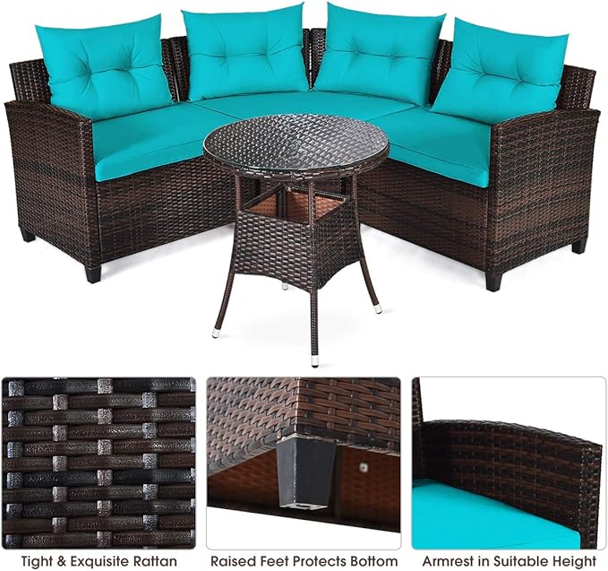 HAPPYGRILL 4 Pieces Patio Furniture Set Outdoor Rattan Wicker Conversation Set with Cushioned Sofas and Coffee Table, L-Shape Sectional Curved Sofa Set for Garden Poolside Balcony