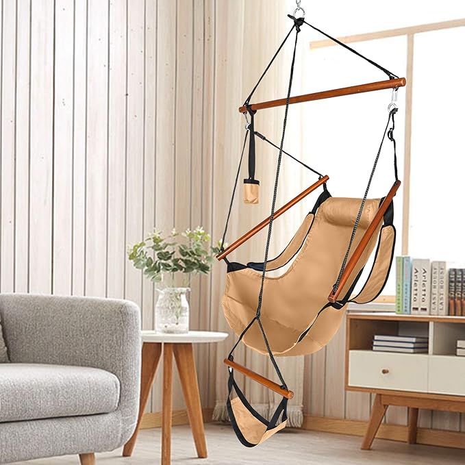 Hammock Hanging Sky Chair with Footrest, Folding Camping Air Deluxe Swing Seat with Rope, Heavy Duty Foldable Rocker with Cup Holder for Outdoor Beach Patio Sport Lawn (Khaki)