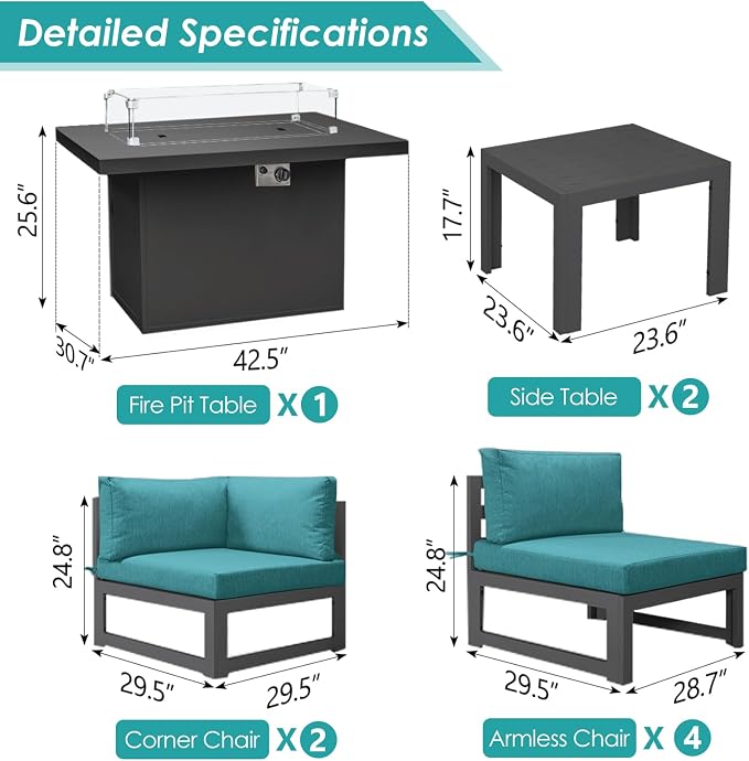 RADIATA 6 Person Modern Aluminum Outdoor Patio Furniture Set with Fireplace, 29 inch Wide Deep Seating, Fade Resistant L-Shaped Sectional Couch, Plus Size Conversation Set for Backyard Terrace, Teal