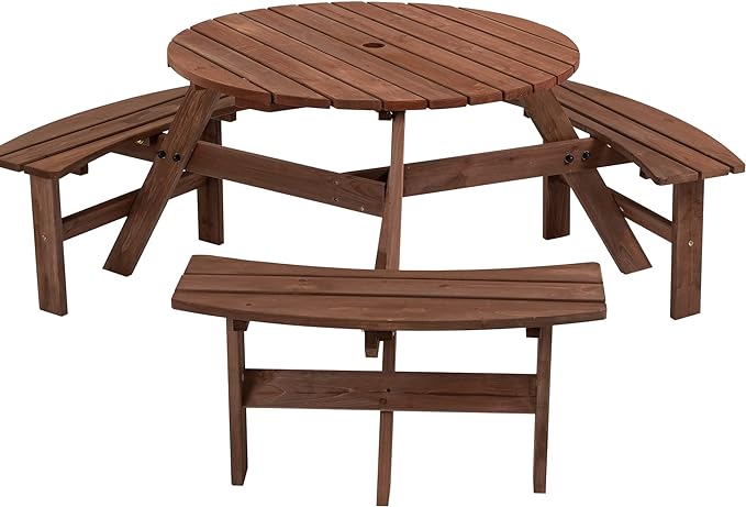 6 Person Picnic Table Round Outdoor Dining Table with Umbrella Hole,3 Built-in Benches,Wooden Outside Picnic Tables and Bench Set for Garden,Patio, Backyard,1720LBS Total Capacity,Walnut Brown