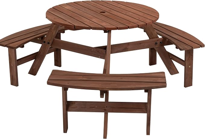 HomVent Wooden Picnic Table and Bench Set, 6-Person Circular Outdoor Table w/ 3 Built-in Benches & Umbrella Hole for Garden, Backyard, Porch (3 Bench, Brown)