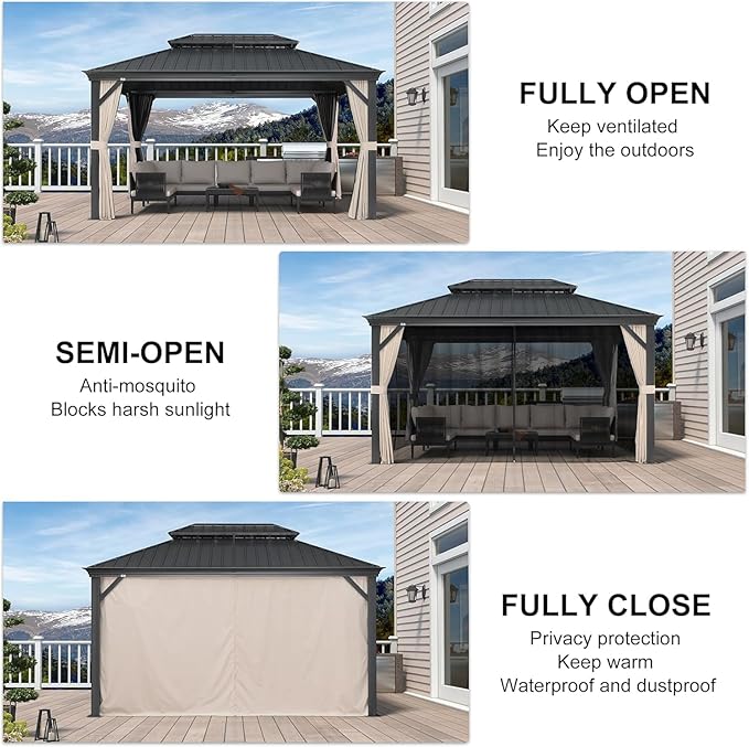 PURPLE LEAF 10' X 14' Hardtop Gazebo Aluminum Gazebo with Galvanized Steel Double Roof for Patio Lawn and Garden Curtains and Netting Included Beige