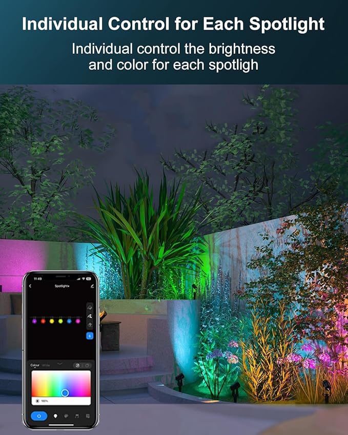 Ligency Spotlight Outdoor Smart Low Voltage Landscape Lights, 4 Pack 40Ft Spot Lights IP65 Waterproof RGBW Color Changing Spotlights for Yard Garden