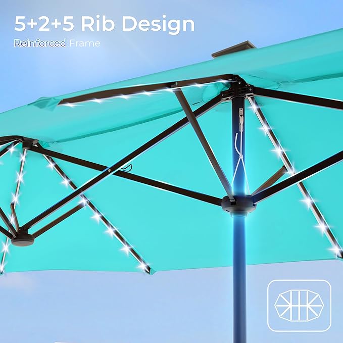 SUPERJARE 13ft Outdoor Patio Umbrella with Solar Lights, Double-sided Deck Pool Umbrella with 1.5 Inch Pole, Fade Resistant Canopy, 12 Sturdy Ribs, for Porch, Market, Backyard, Light Blue(No Base)