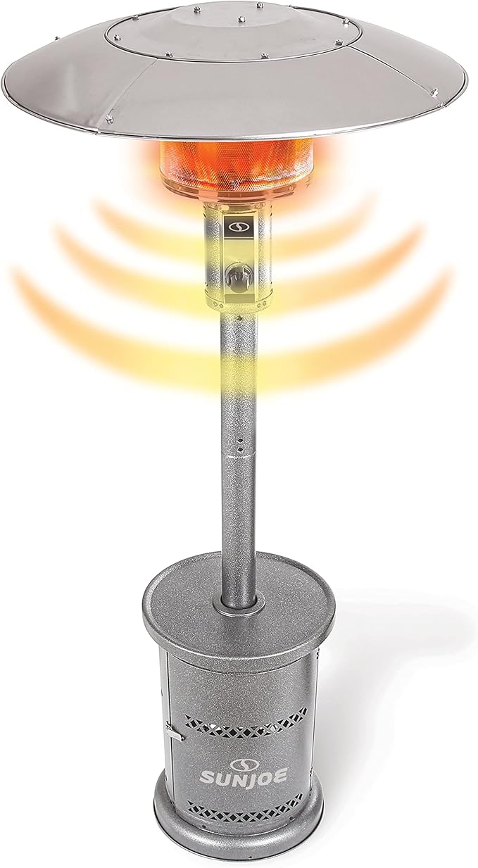 Sun Joe SJPPH48-SLV 48000-BTU Max Propane Outdoor Patio Heater w/Wheels and Built in Bar Table, Silver