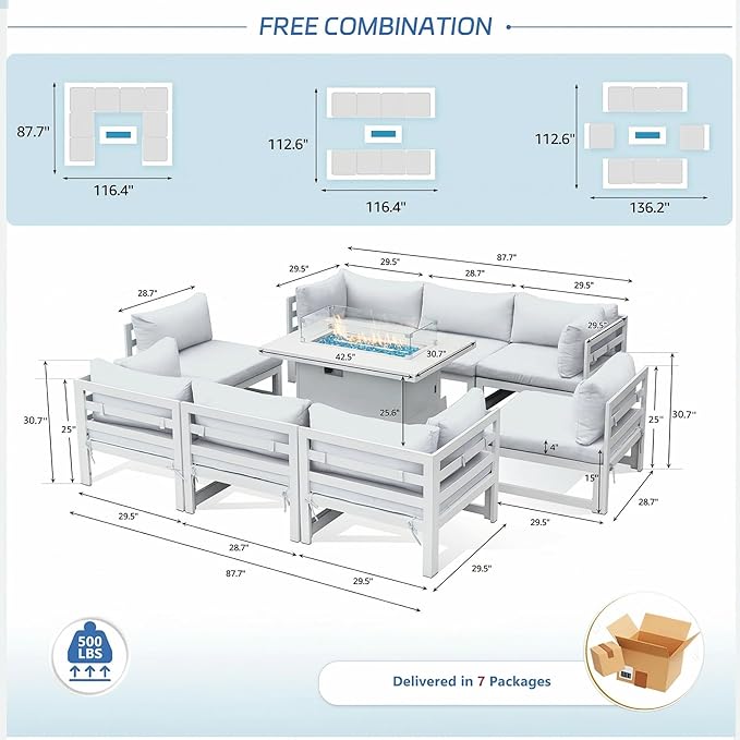 NICESOUL 9 Piece Luxury Aluminum Outdoor Sectional Sofa with Fire Pit Table, Oversized L Shaped Patio Furniture Set, 29" Deep Wide Seating, 500 lbs Heavy Duty Conversation Set for Backyard, Light Grey