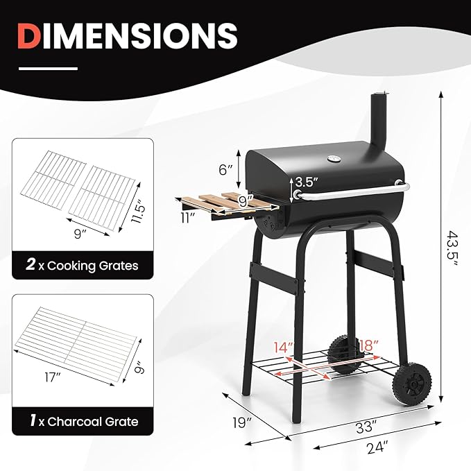 Happygrill Barrel Charcoal Grill, Outdoor BBQ Smoker Grill w/Foldable Side Table, Built-in Thermometer, Storage Shelf, Adjustable Air Vent, Portable Barbecue Grills w/Wheels for Camping & Picnic