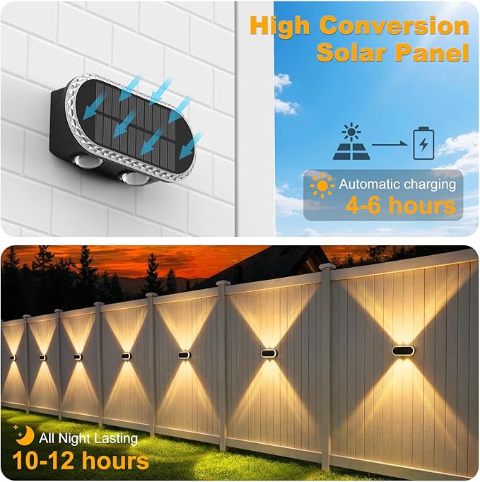 Solar Fence Lights Outdoor: IP65 Waterproof Wall Lighting with Dual Focused LED Up Down - 3000K/4000K/6000K 10-12H Lasting - Easy to Install for Backyard Patio Porch 8 Pack