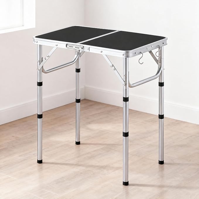 YUFIFAIRY Small Folding Table Portable, 24''L x16''W Foldable Camp Table with 3 Adjustable Height, Indoor Outdoor Lightweight Aluminum for Outdoor Cooking Picnic Black Table(10"/19"/27.5"