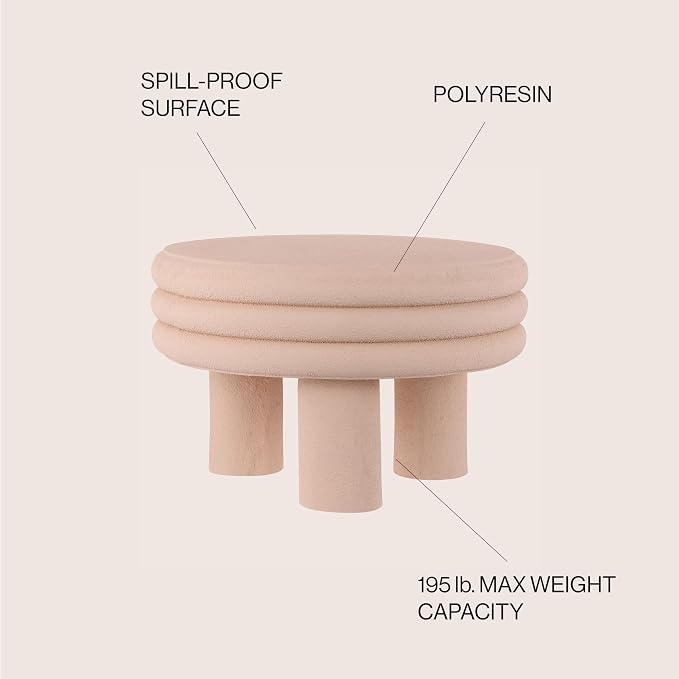 JONATHAN Y Rashida 13.5" Modern Round Polyresin Indoor Outdoor Accent Coffee Table, Weather Resistant Low Table with Chunky Ribbed Stacked Ring Design and Tripod Pillar Base, Pink Frosted TBL1105A