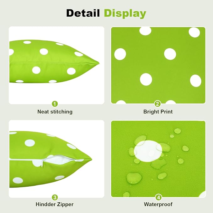 SquarePie Pack of 2 Outdoor Pillow Covers, Waterproof Decorative Throw Pillowcase Shell, Garden Cushion Shams Cases for Spring Patio Couch Balcony Bench,20x20 inch Green Polka Dot