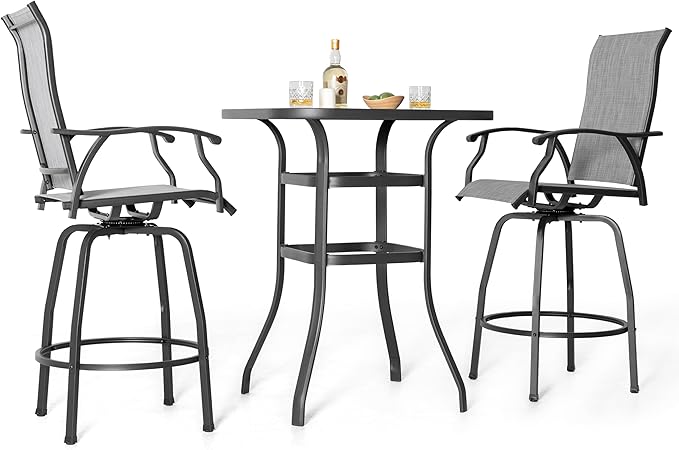 NUU GARDEN 3 Piece Outdoor Patio Bar Set,Glass Table and Swivel Stools,Gray and Black