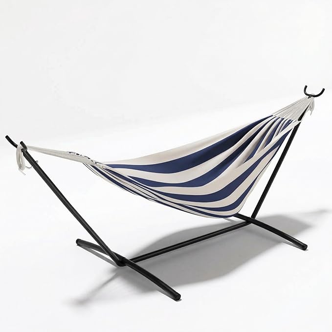 Double 2 Person Hammock with Heavy Duty Steel Stand, Indoor Outdoor Hammock with Carry Bag, 450LBS Weight Capacity, Space Saving Hammock for Garden Patio Camping Beach