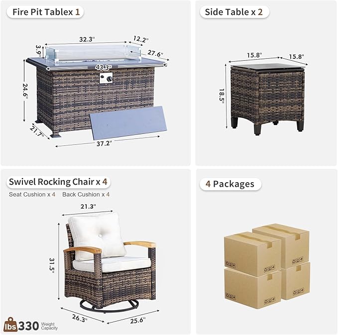 MEISSALIVVE 7 Pieces Patio Furniture Sets with Fire Pit Table, Wicker Outdoor Conversation Sets with 4 Swivel Rocker Chairs and Side Table(Brown)