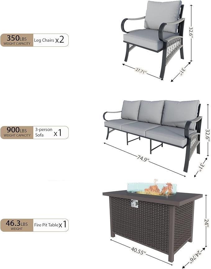4 Pieces Patio Furniture Set, Metal Outdoor Conversation Sets with Fire Pit Table for Backyard Garden Deck Porch Poolside (Thick Gray Cushions)