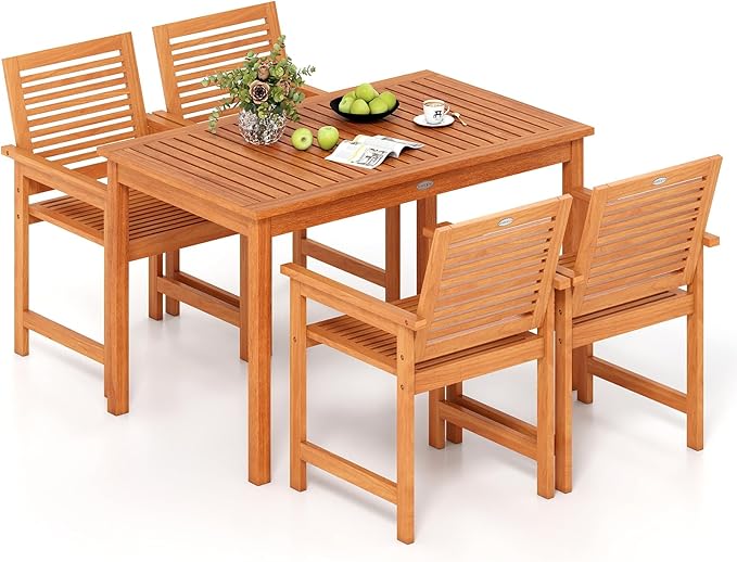 Tangkula 5 Pieces Patio Wood Dining Set, Outdoor Rectangular Table and Chairs, Outside Furniture Set for Deck, Garden and Backyard