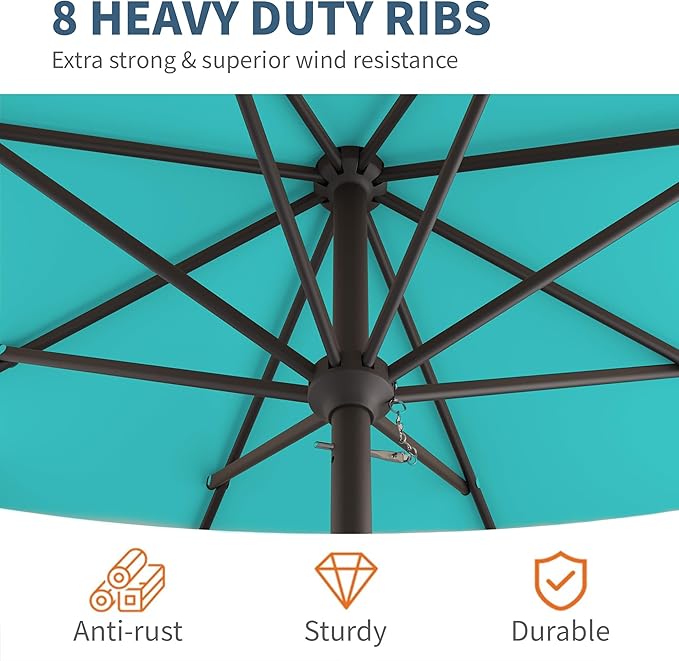 10FT Patio Umbrella, Outdoor Umbrella with Push Button Tilt and Crank, 8 Sturdy Ribs, UV Protection & Waterproof Market Umbrella for Pool, Backyard, Beach,Deck (Peacock Blue)