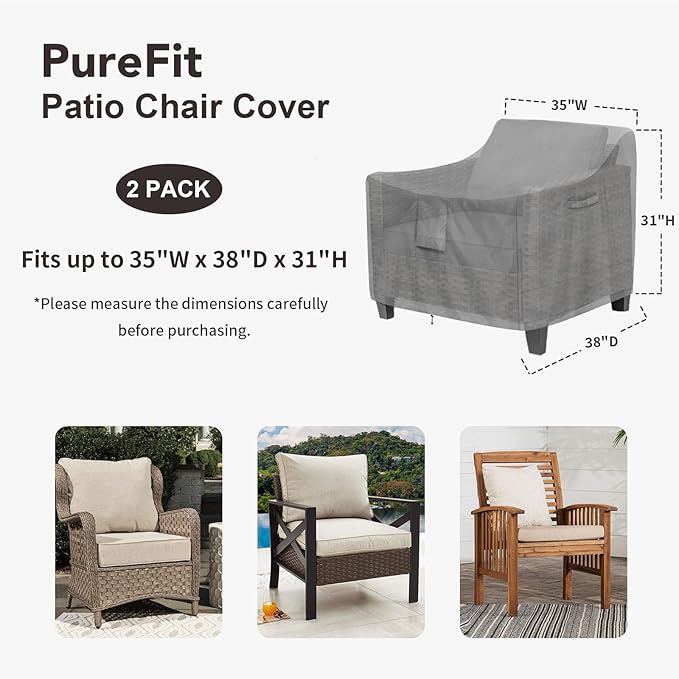 PureFit Outdoor Chair Covers Waterproof 2 Pack Patio Furniture Lawn Chair Covers for Outdoor Furniture with Air Vent and Padded Handles, Fits up to 35W x 38D x 31H Inches, Gray