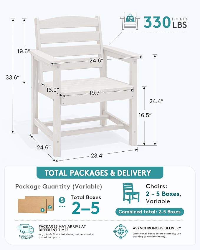 SERWALL Outdoor Dining Chairs Set of 4, All-Weather HDPE Patio Chair with 19.7" Widened Seat, for Backyard, Garden, White