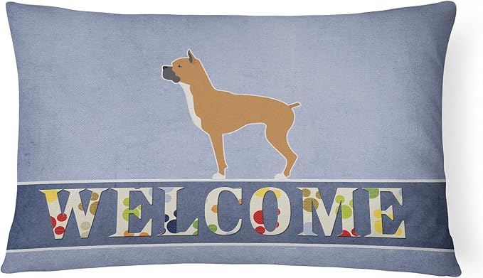 Caroline's Treasures BB5557PW1216 Boxer Welcome Canvas Fabric Decorative Pillow Machine Washable, Indoor Outdoor Decorative Pillow for Couch, Bed or Patio, 12HX16W