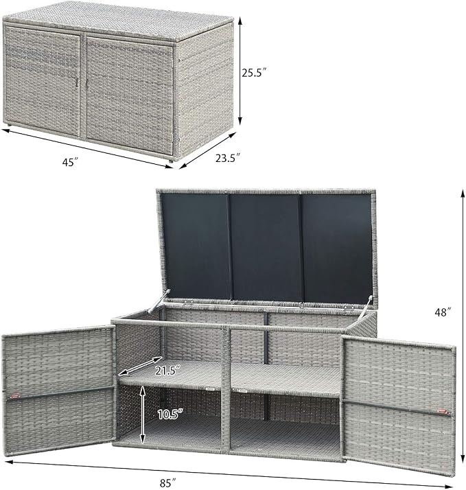 LDAILY Rattan Storage Box, Wicker Storage Box with 2 Shelves, Outdoor Deck Box, Backyard Garden Storage Box with Lid, Rattan Storage Box for Storing Accessories, Tools and Toys - Grey